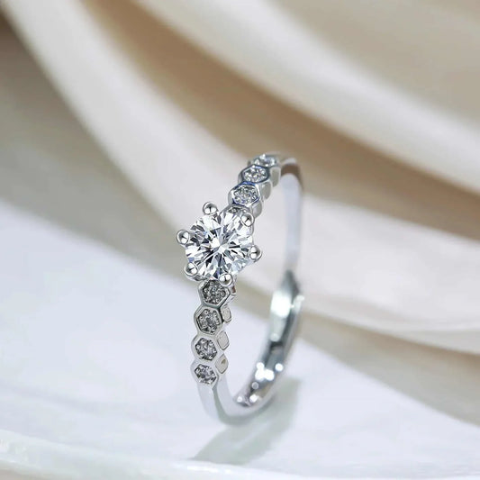 Silver 6-prong diamond ring with micro-pavé accents for engagements