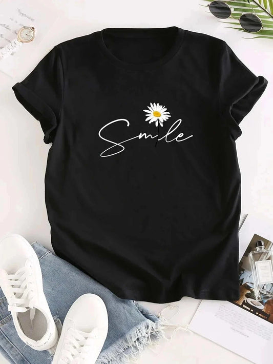 Flower & Letter Print Crew Neck T-Shirt Casual Short Sleeve - Edsel Rosa LLC
