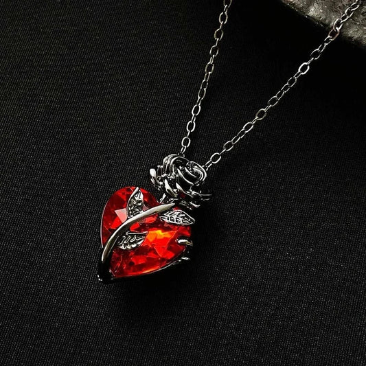 Gothic red heart necklace silver tone Y2K pendant with edgy rose design