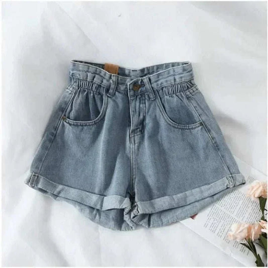 Korean retro high-waist loose denim shorts for women summer casual wear
