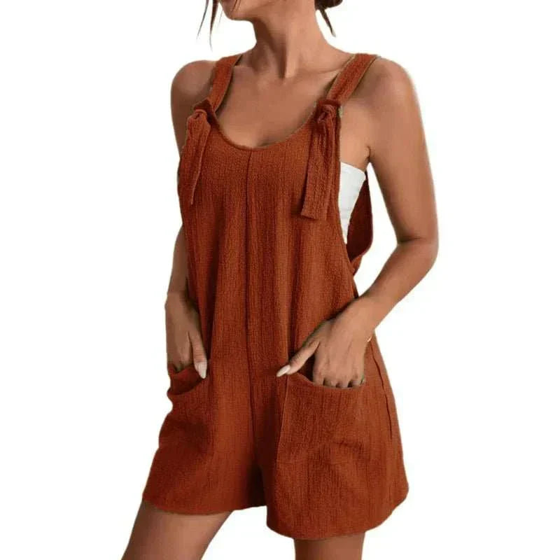 Strappy Sleeveless Casual Loose Solid With Pockets Short - Edsel Rosa LLC