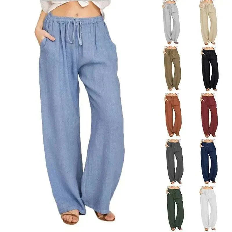 Women's cotton linen pants with elastic waist and pockets, casual loose fit summer trousers for women