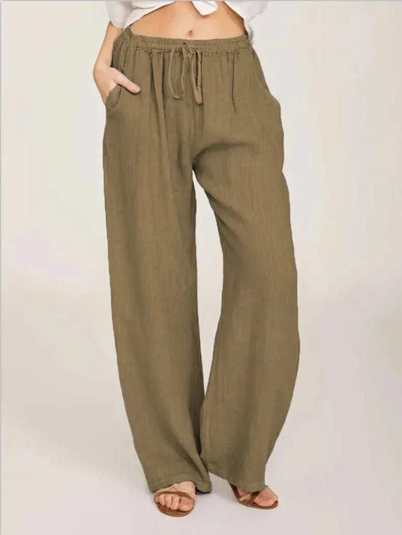 Women's Cotton Linen Pants Casual Loose Solid Elastic Waist Pocket - Edsel Rosa LLC