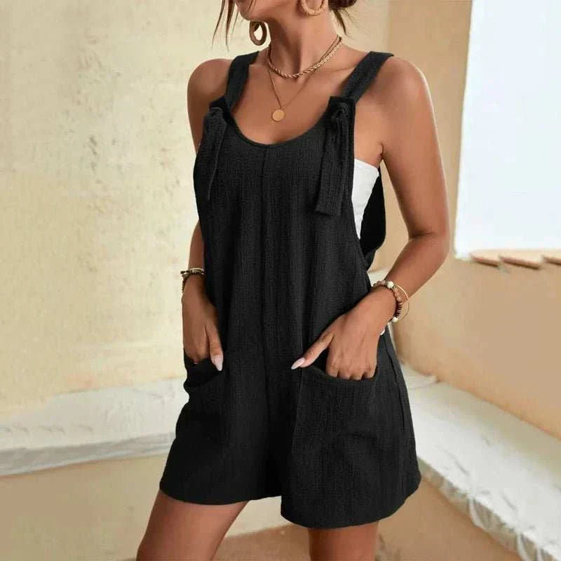Strappy Sleeveless Casual Loose Solid With Pockets Short - Edsel Rosa LLC