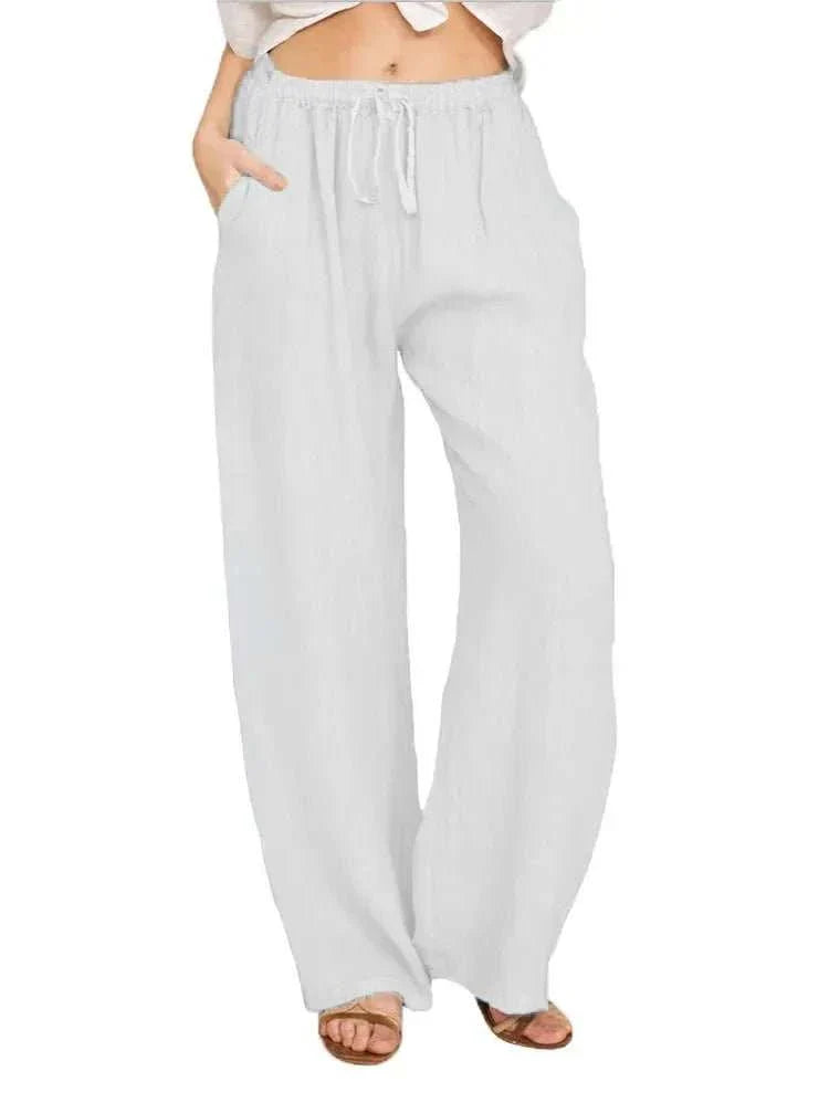 Women's Cotton Linen Pants Casual Loose Solid Elastic Waist Pocket - Edsel Rosa LLC