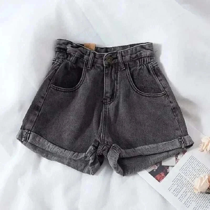 Korean retro high-waist denim shorts for women summer casual wear
