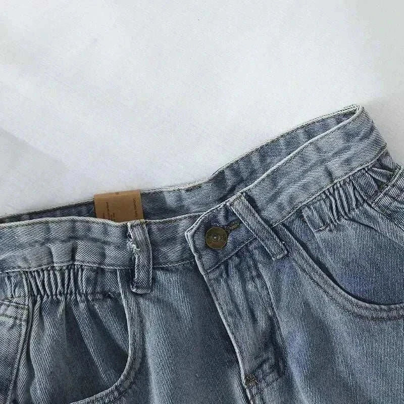 Korean retro high-waist loose denim shorts for summer women