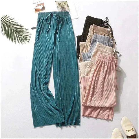 Lightweight pleated summer wide leg pants in breathable ice silk fabric for women