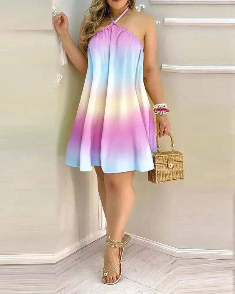 Boho floral print halter neck dress with backless design for spring and summer beachwear