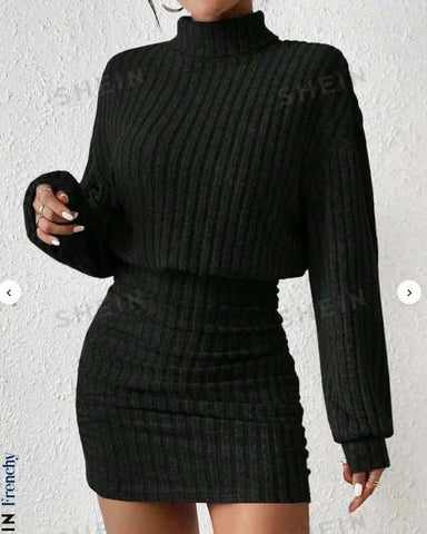High Neck Knitted Sweater Dress Female Casual Solid Loose Long - Edsel Rosa LLC