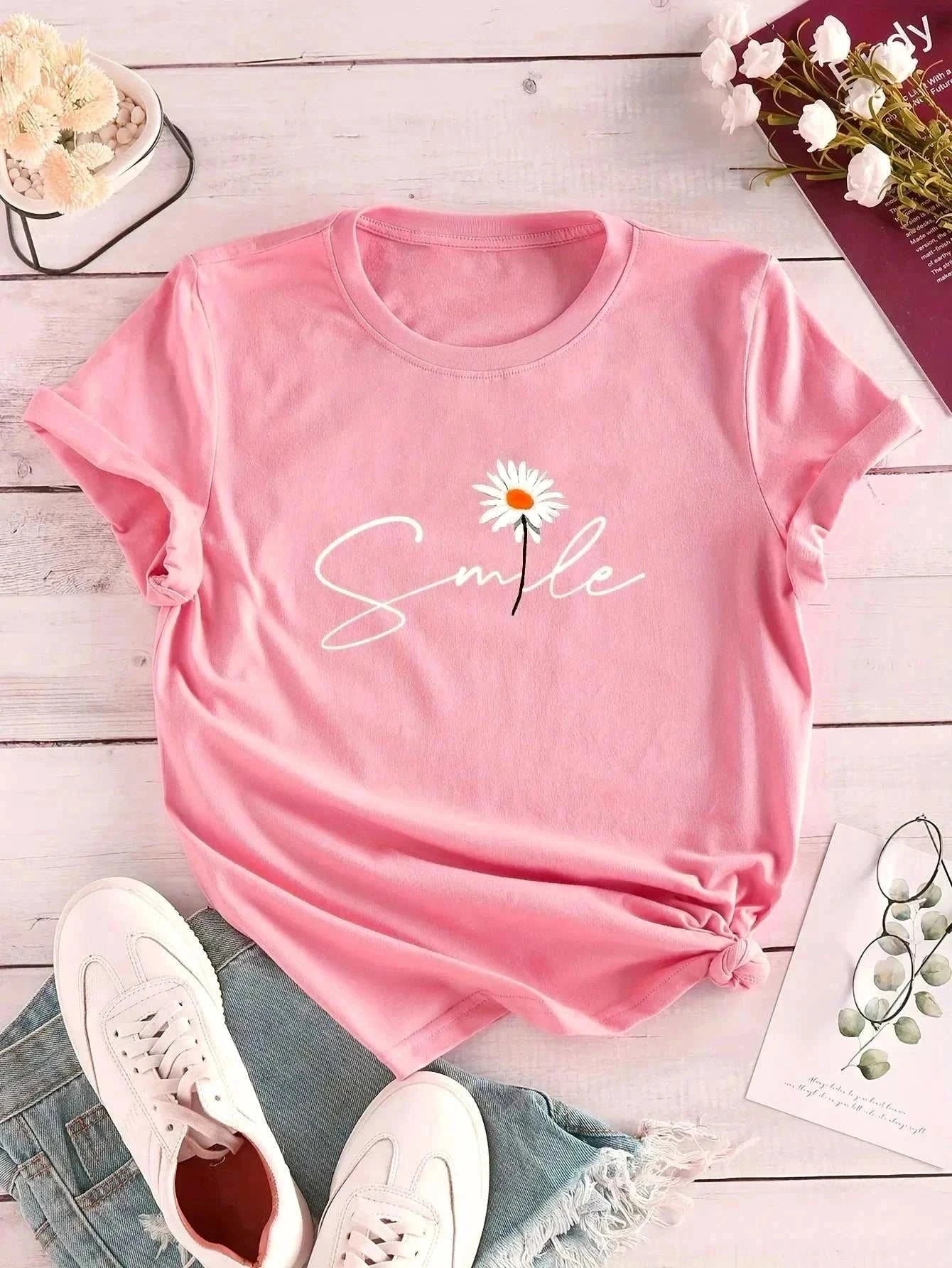 Flower & Letter Print Crew Neck T-Shirt Casual Short Sleeve - Edsel Rosa LLC