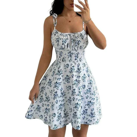 Floral spaghetti strap beach dress lightweight summer short dress