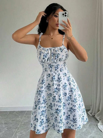 Women's Summer Floral Spaghetti Strap Beach Short Dress - Edsel Rosa LLC
