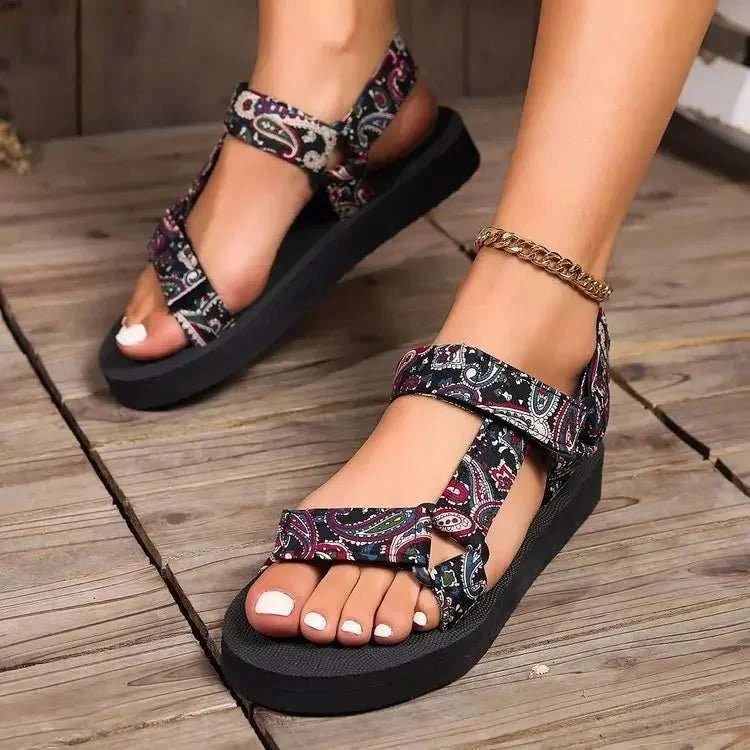 Womens Stylish Paisley Pattern Sandals - Adjustable Ankle Strap - Edsel Rosa LLC