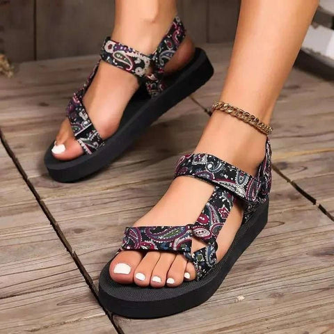 Womens Stylish Paisley Pattern Sandals - Adjustable Ankle Strap - Edsel Rosa LLC
