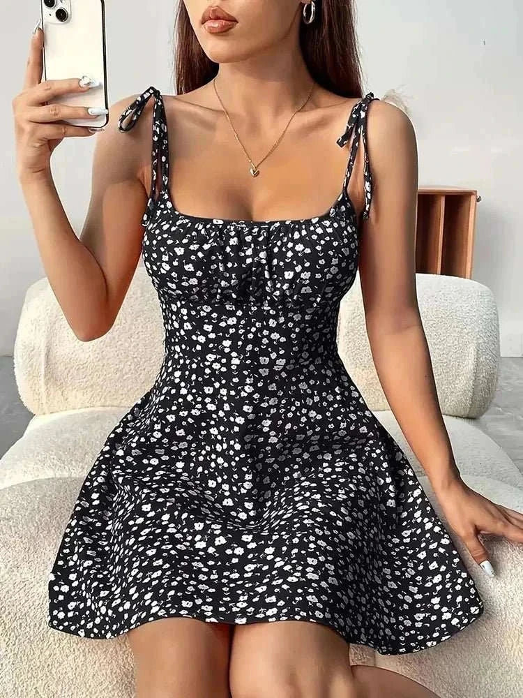Women's Summer Floral Spaghetti Strap Beach Short Dress - Edsel Rosa LLC