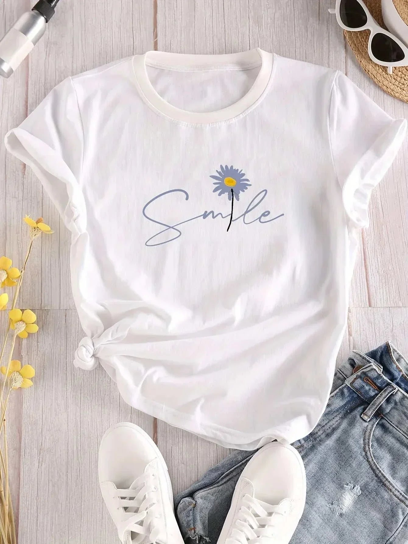 Flower & Letter Print Crew Neck T-Shirt Casual Short Sleeve - Edsel Rosa LLC