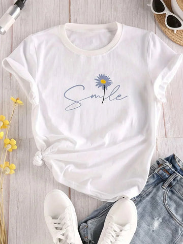 Flower & Letter Print Crew Neck T-Shirt Casual Short Sleeve - Edsel Rosa LLC