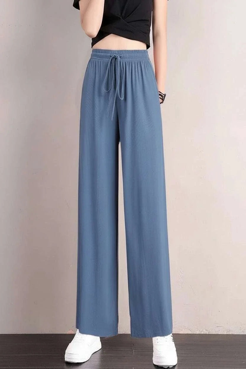 Summer Women Ice Silk Pants High Elastic Waist - Full Length View
