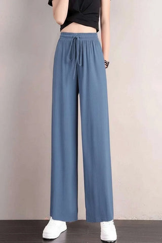 Summer Women Ice Silk Pants High Elastic Waist - Full Length View
