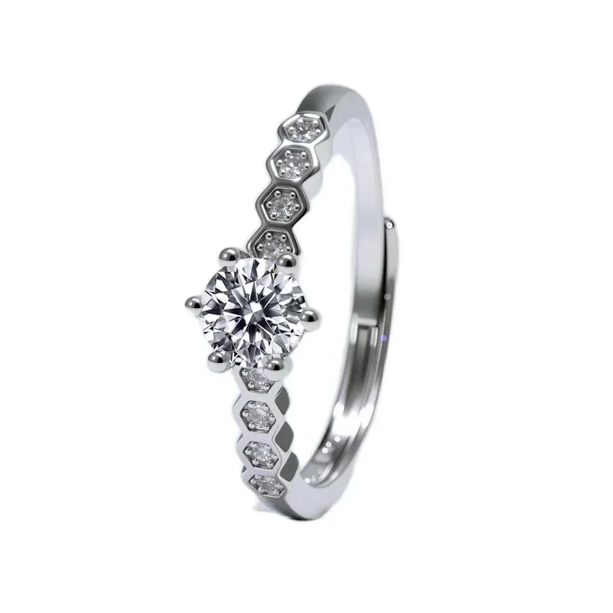 Silver 6 - Prong Main Diamond Ring Micro - Pavé Accent Stones - Edsel Rosa LLC