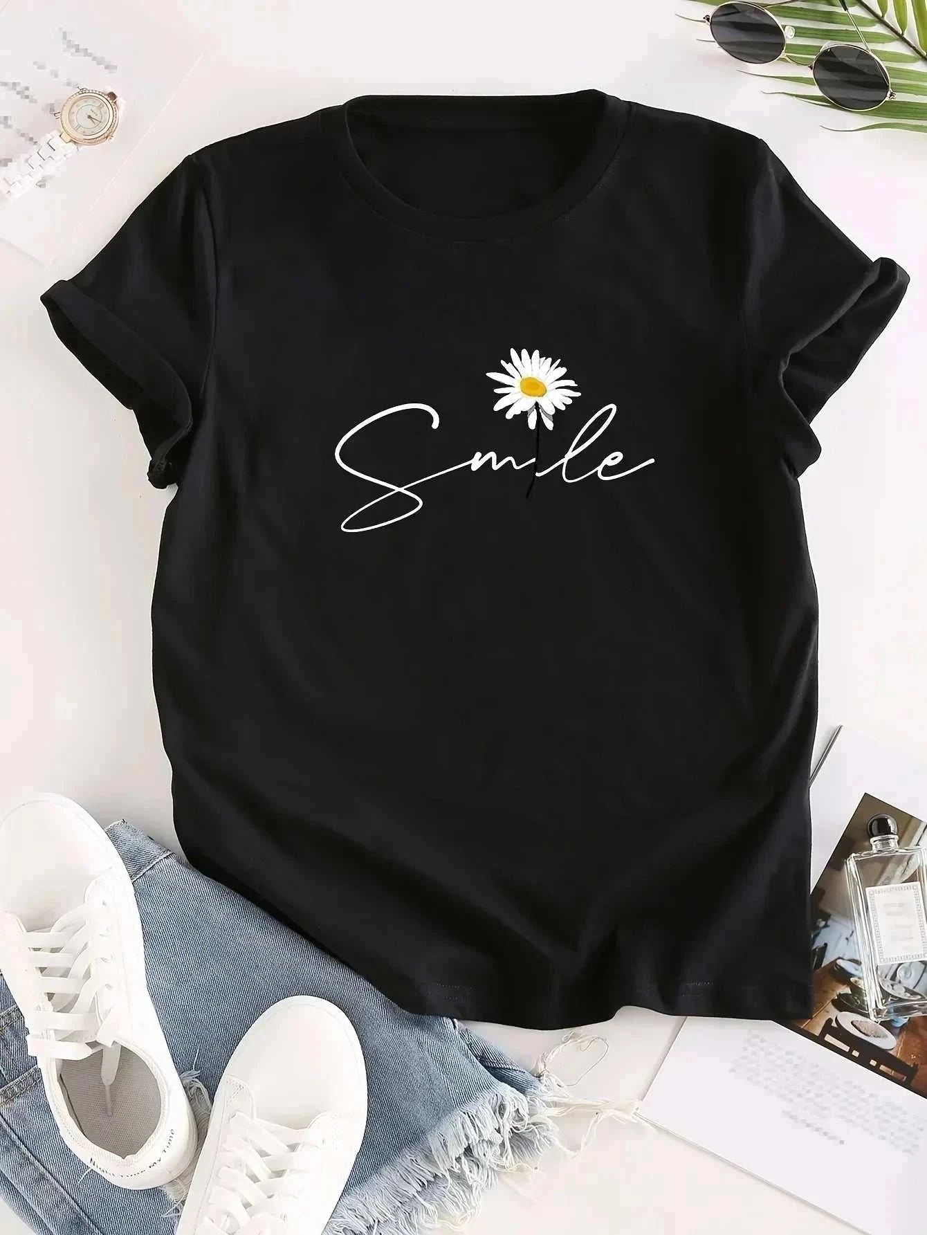 Flower & Letter Print Crew Neck T-Shirt Casual Short Sleeve - Edsel Rosa LLC