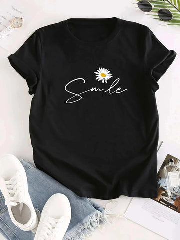 Flower & Letter Print Crew Neck T-Shirt Casual Short Sleeve - Edsel Rosa LLC
