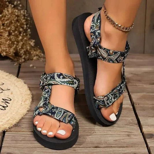 Womens Stylish Paisley Pattern Sandals - Adjustable Ankle Strap - Edsel Rosa LLC