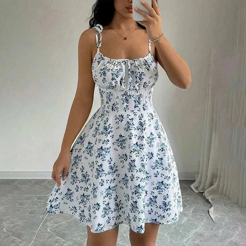 Floral spaghetti strap beach dress lightweight summer short dress