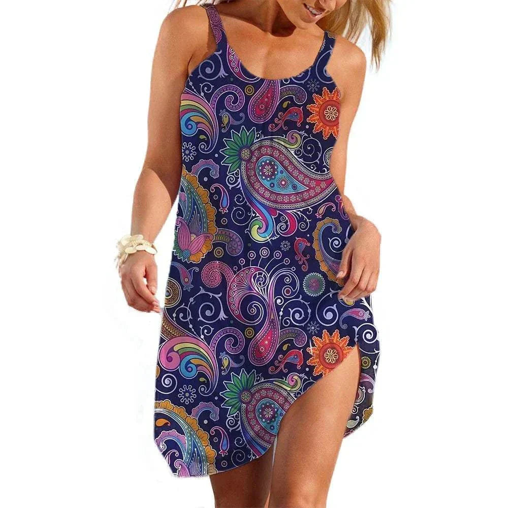 Ethnic style women's slip dress bohemian beach flowy fabric