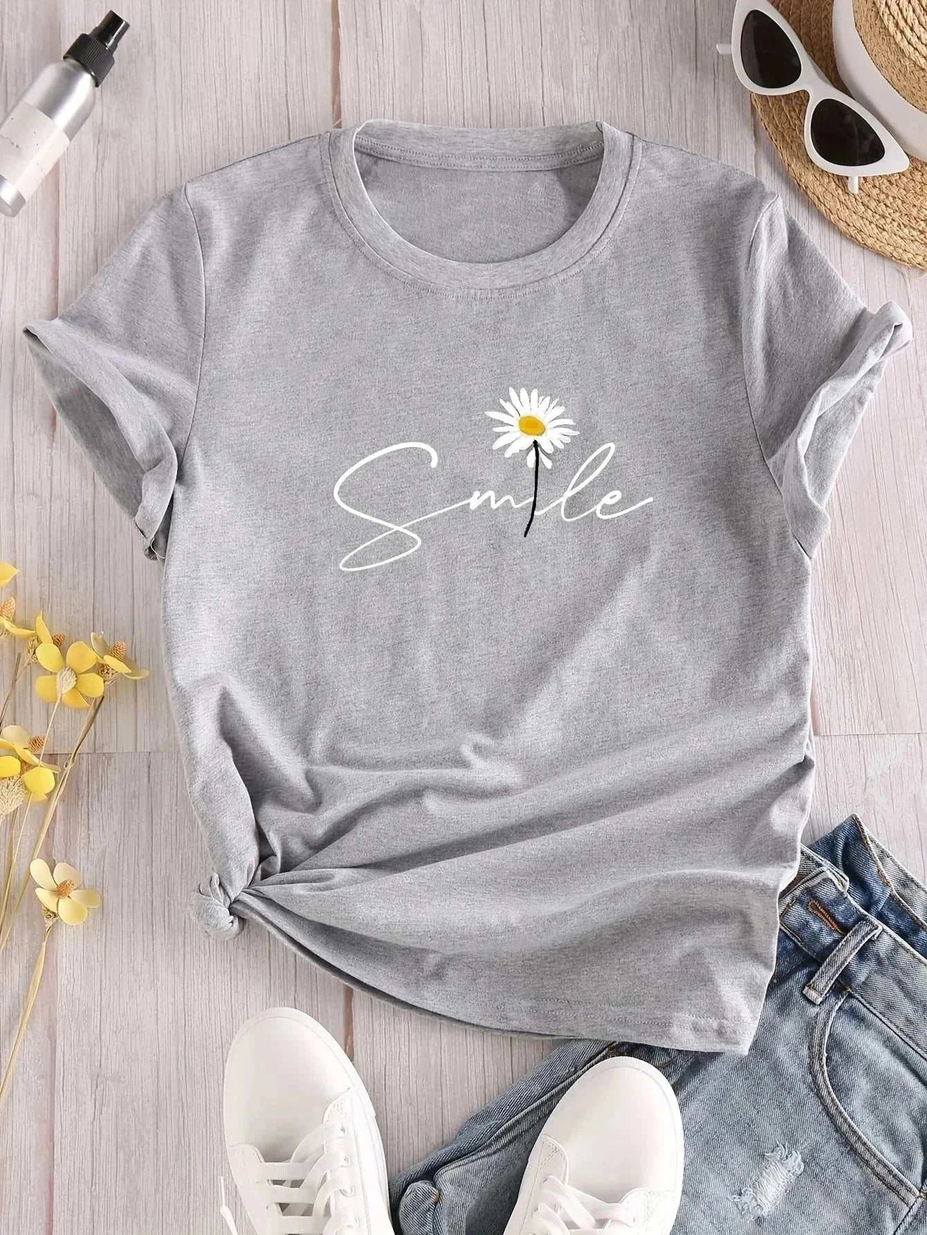 Flower & Letter Print Crew Neck T-Shirt Casual Short Sleeve - Edsel Rosa LLC