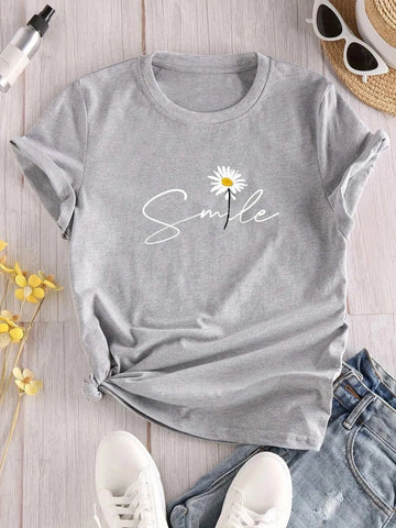 Flower & Letter Print Crew Neck T-Shirt Casual Short Sleeve - Edsel Rosa LLC