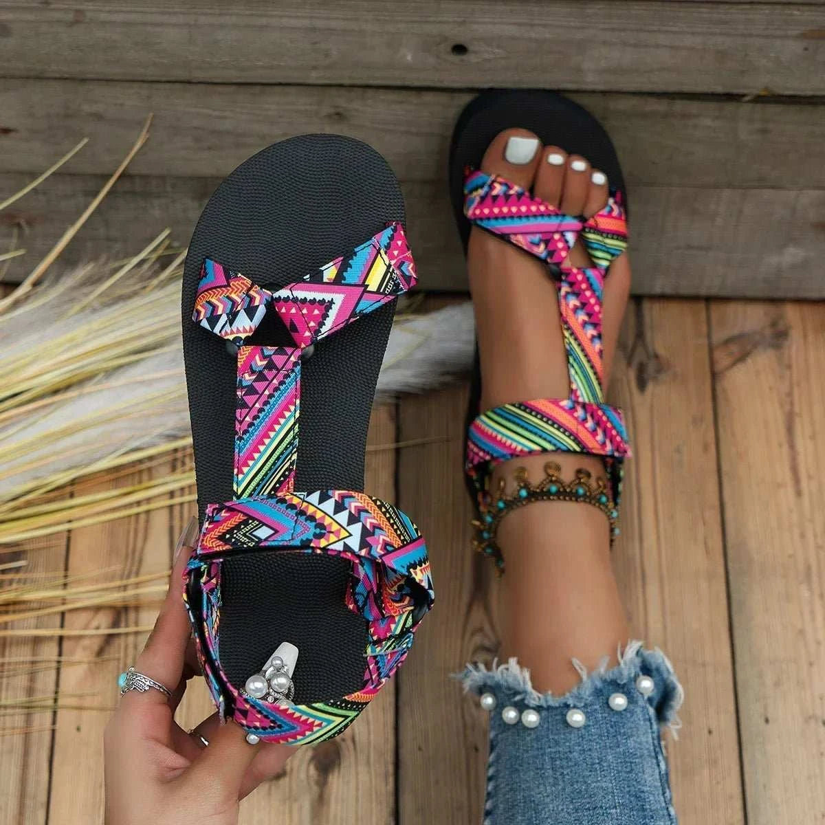 Womens Stylish Paisley Pattern Sandals - Adjustable Ankle Strap - Edsel Rosa LLC