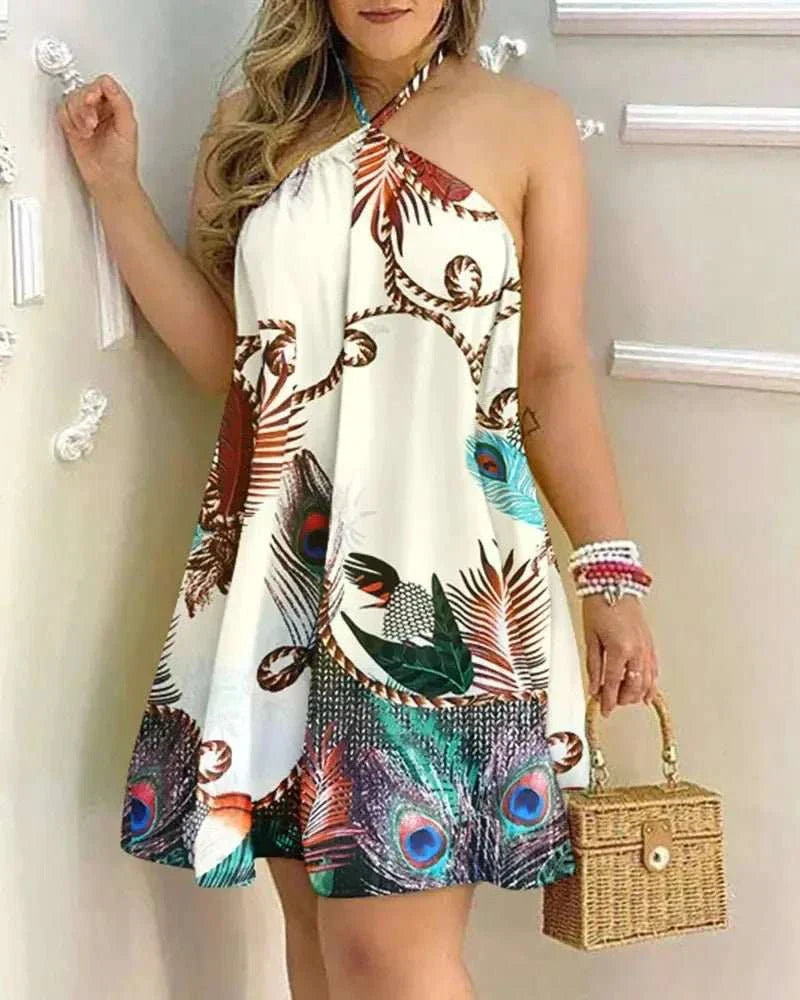 Boho floral print halter neck dress with backless design for spring and beach wear