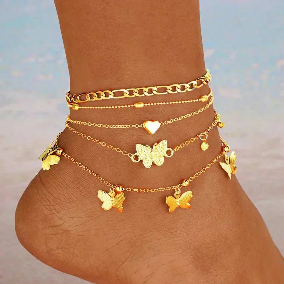 Gold butterfly anklet set with 4-layer stackable gold ankle bracelets for women