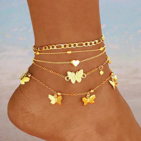 Gold butterfly anklet set with 4-layer stackable gold ankle bracelets for women