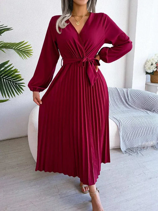 Women elegant V neck pleated maxi dress with long sleeves for formal occasions