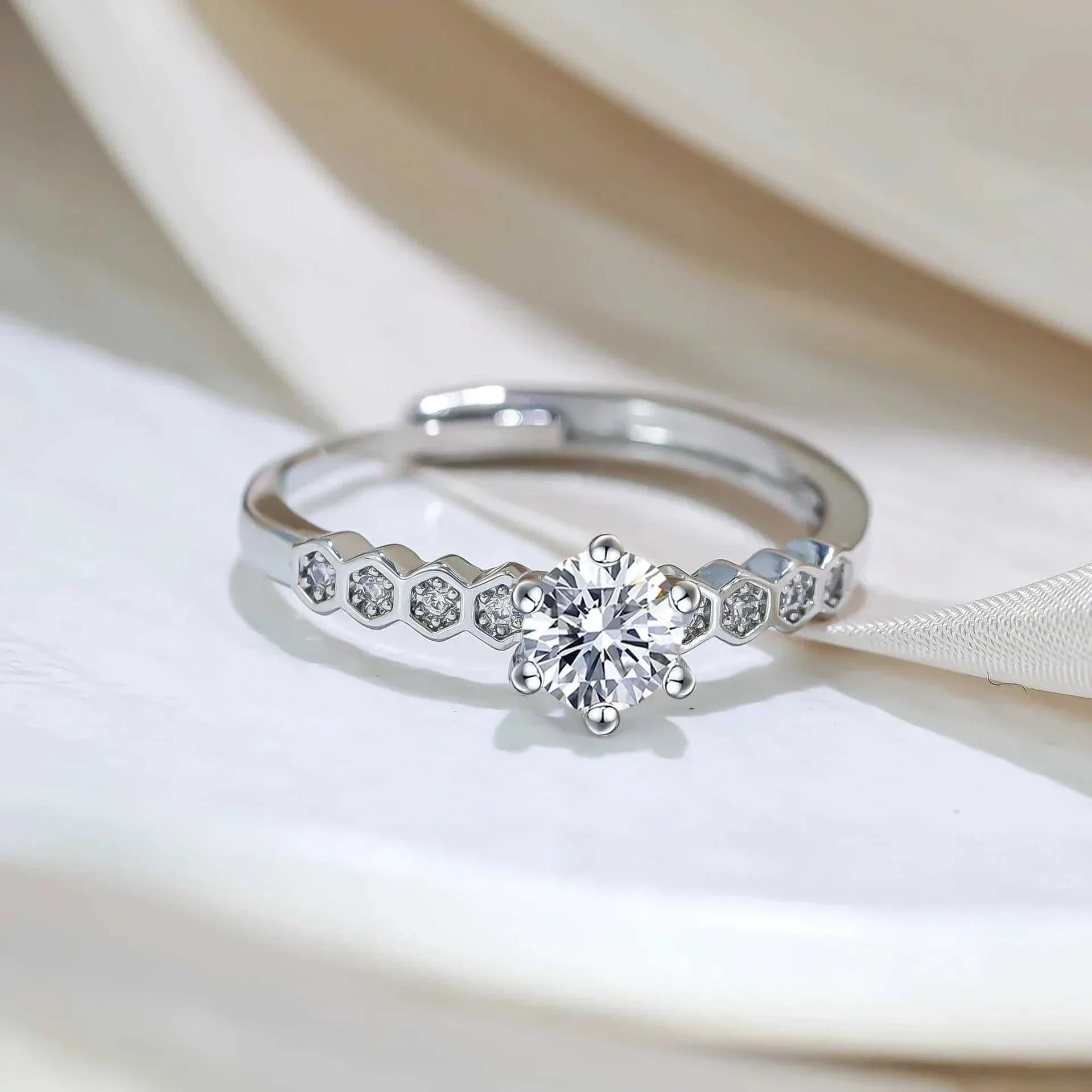 Silver 6 - Prong Main Diamond Ring Micro - Pavé Accent Stones - Edsel Rosa LLC