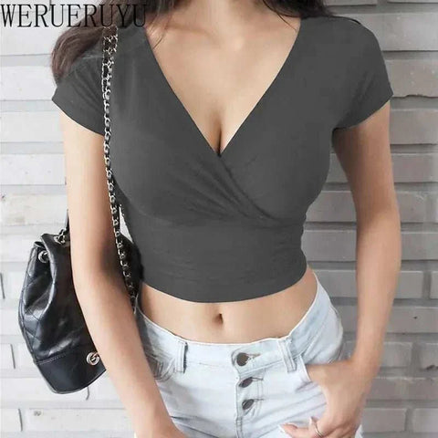 New Summer Black Sexy V - neck T-shirt Short Sleeve - Edsel Rosa LLC