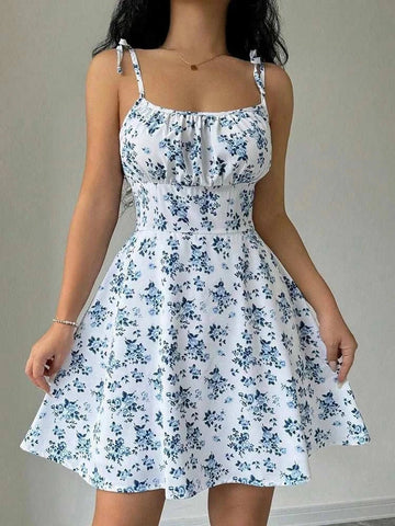 Women's Summer Floral Spaghetti Strap Beach Short Dress - Edsel Rosa LLC