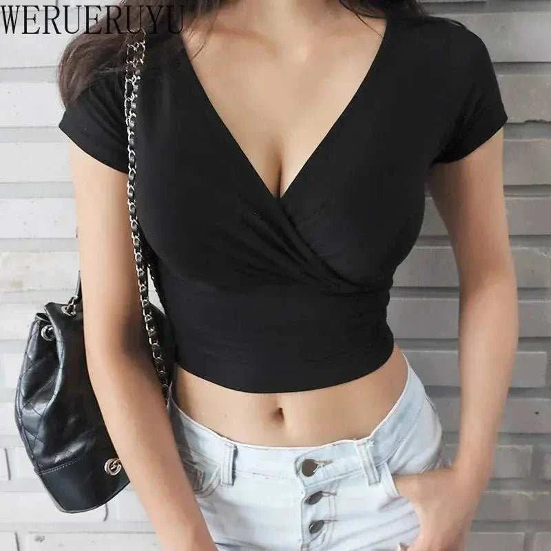 New Summer Black Sexy V - neck T-shirt Short Sleeve - Edsel Rosa LLC