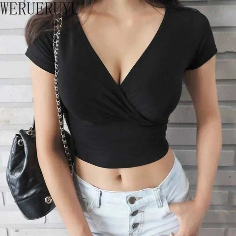 New Summer Black Sexy V - neck T-shirt Short Sleeve - Edsel Rosa LLC