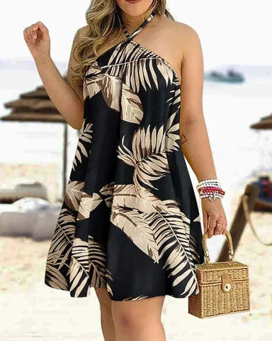 Boho floral print halter neck dress with backless design for spring and summer