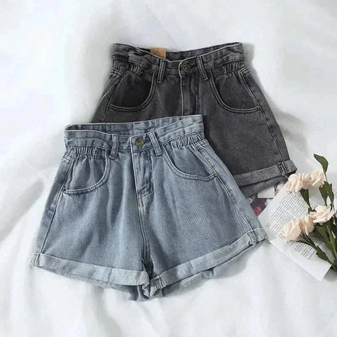 Korean retro high-waist denim shorts for women summer casual wear